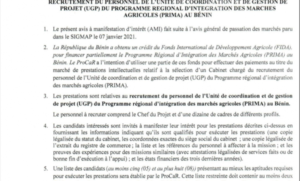 AMI SELECTION CABINET CHARGE RECRUTEMENT DU PERSONNEL UGP DU PRIMA AMI SELECTION CABINET CHARGE RECRUTEMENT DU PERSONNEL UGP DU PRIMA